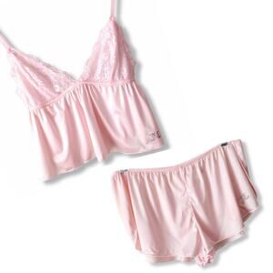 Juicy Couture Pink Satin Babydoll Cami Short Pajama Set M Baddie Coquette NEW